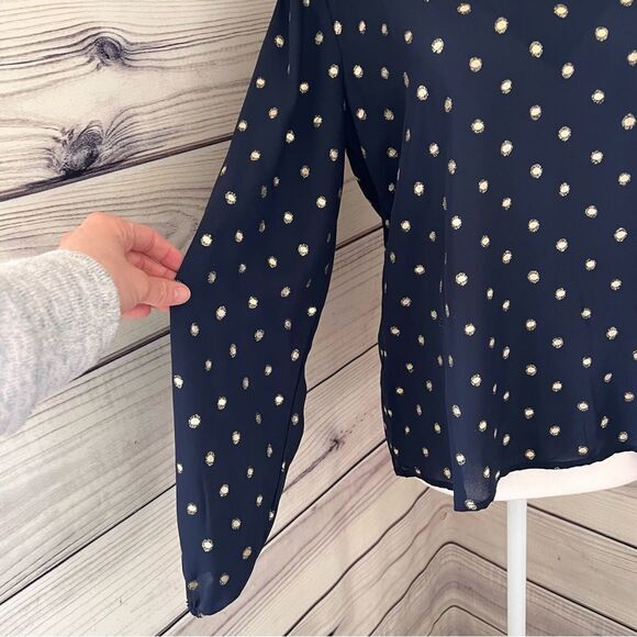 Stitch Fix Kaileigh Navy Blue & Gold Polka Dot V Neck Blouse - Picture 3 of 6